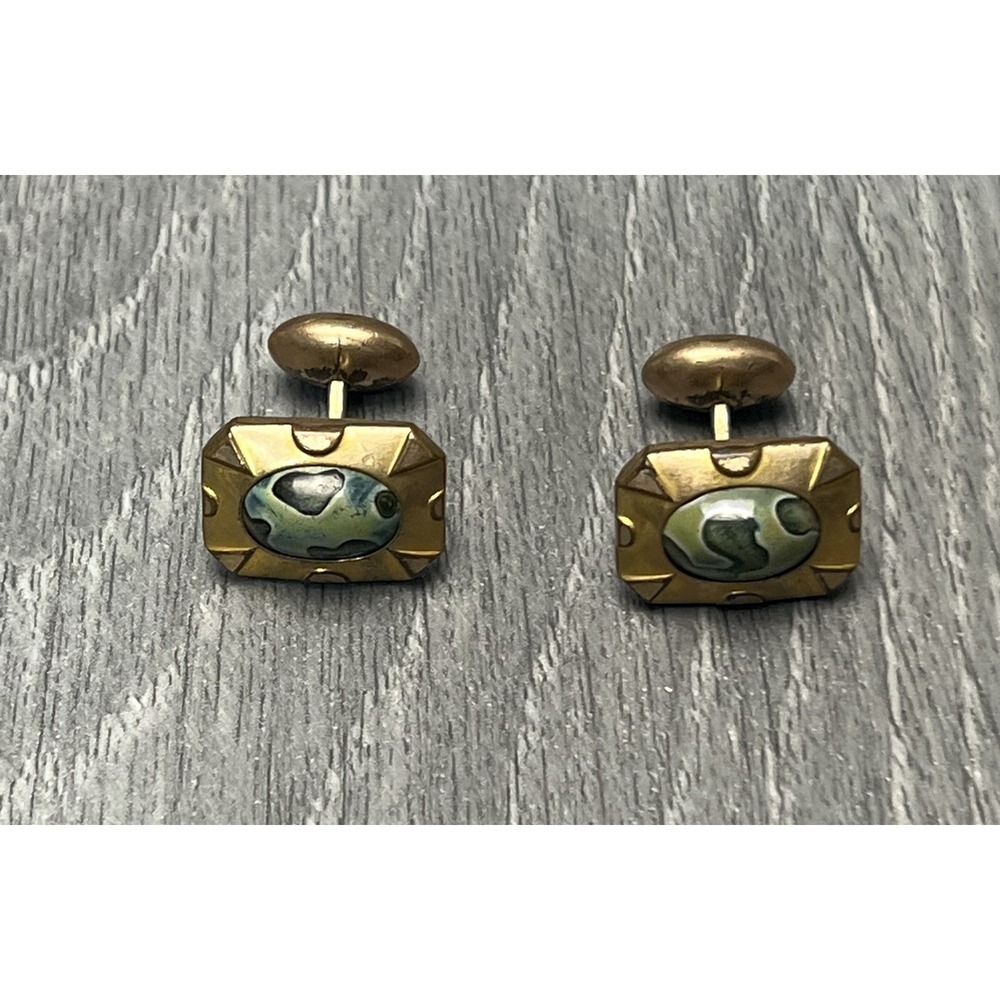 Antique HA & CO Gold Tone‎ Green Stone Cufflinks Men's Vintage Jewelry